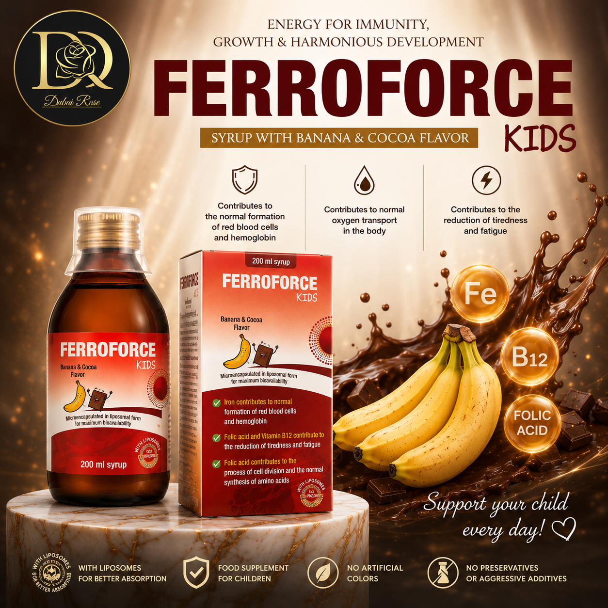 FERROFORCE KIDS Sirop Lipozomal cu Fier 200 ml cu Aromă de Banană și Cacao (Fier, Acid Folic și Vitamina B12)