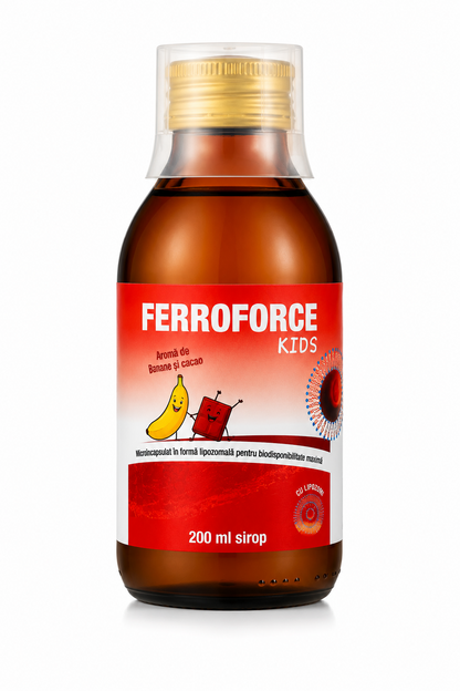 FERROFORCE KIDS Sirop Lipozomal cu Fier 200 ml cu Aromă de Banană și Cacao (Fier, Acid Folic și Vitamina B12)