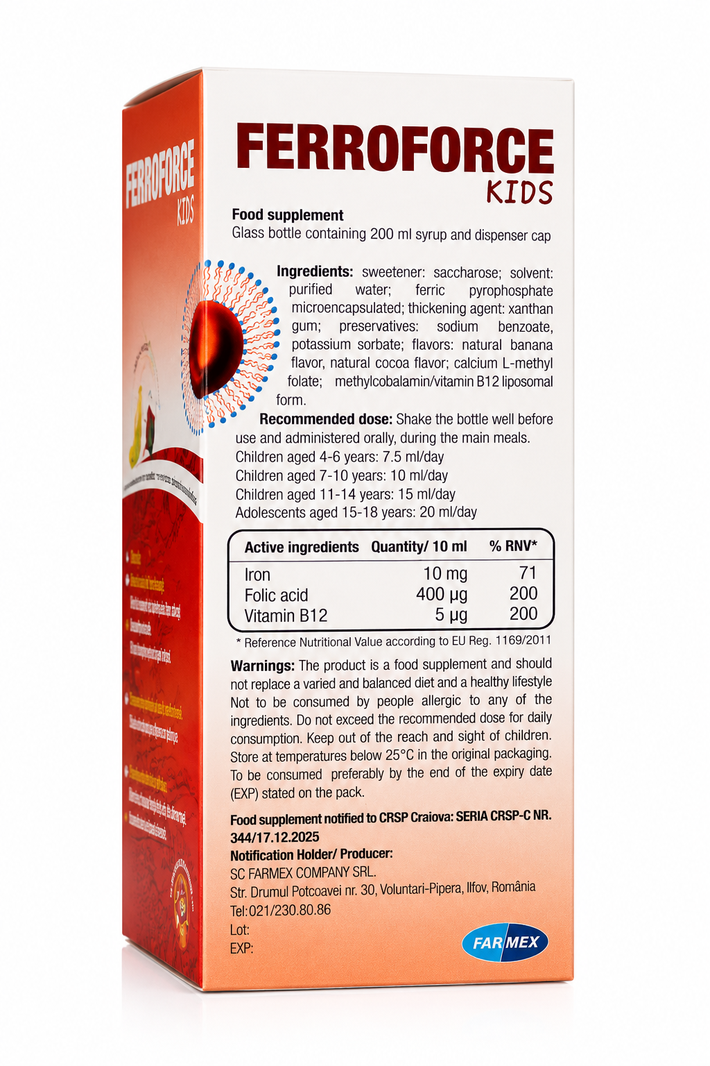 FERROFORCE KIDS Sirop Lipozomal cu Fier 200 ml cu Aromă de Banană și Cacao (Fier, Acid Folic și Vitamina B12)