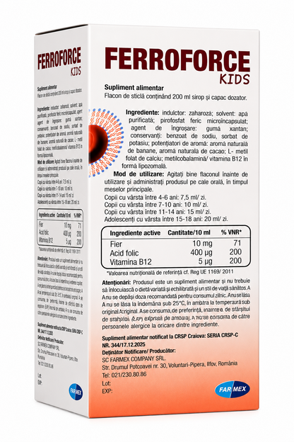 FERROFORCE KIDS Sirop Lipozomal cu Fier 200 ml cu Aromă de Banană și Cacao (Fier, Acid Folic și Vitamina B12)