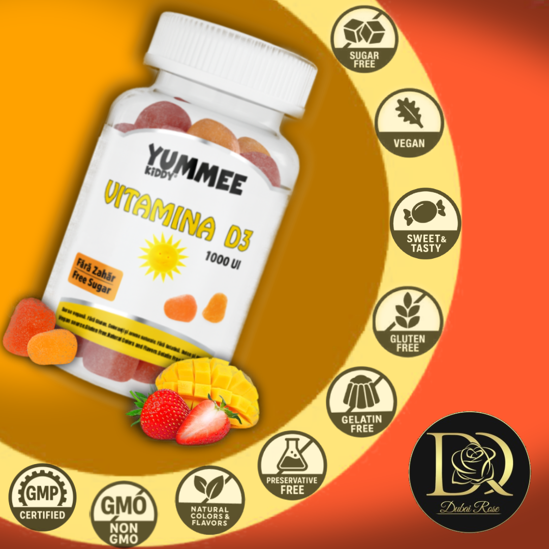 YUMMEE KIDDY Vitamina D3 1000 UI, 60 jeleuri gumate, aromă naturală de mango și căpșuni, fără zahăr