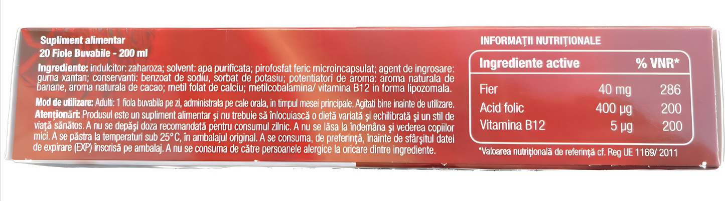 Ferroforce Fiole Buvabile, Fier 40 mg microincapsulat, vitamina B12 infroma Lipozoma si Acid Folic