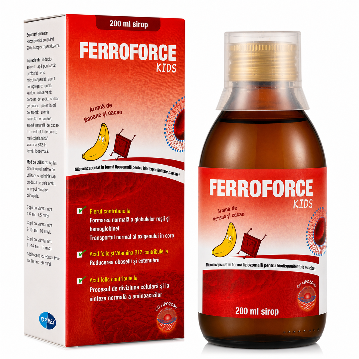 FERROFORCE KIDS Sirop Lipozomal cu Fier 200 ml cu Aromă de Banană și Cacao (Fier, Acid Folic și Vitamina B12)