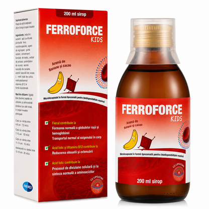 FERROFORCE KIDS Sirop Lipozomal cu Fier 200 ml cu Aromă de Banană și Cacao (Fier, Acid Folic și Vitamina B12)