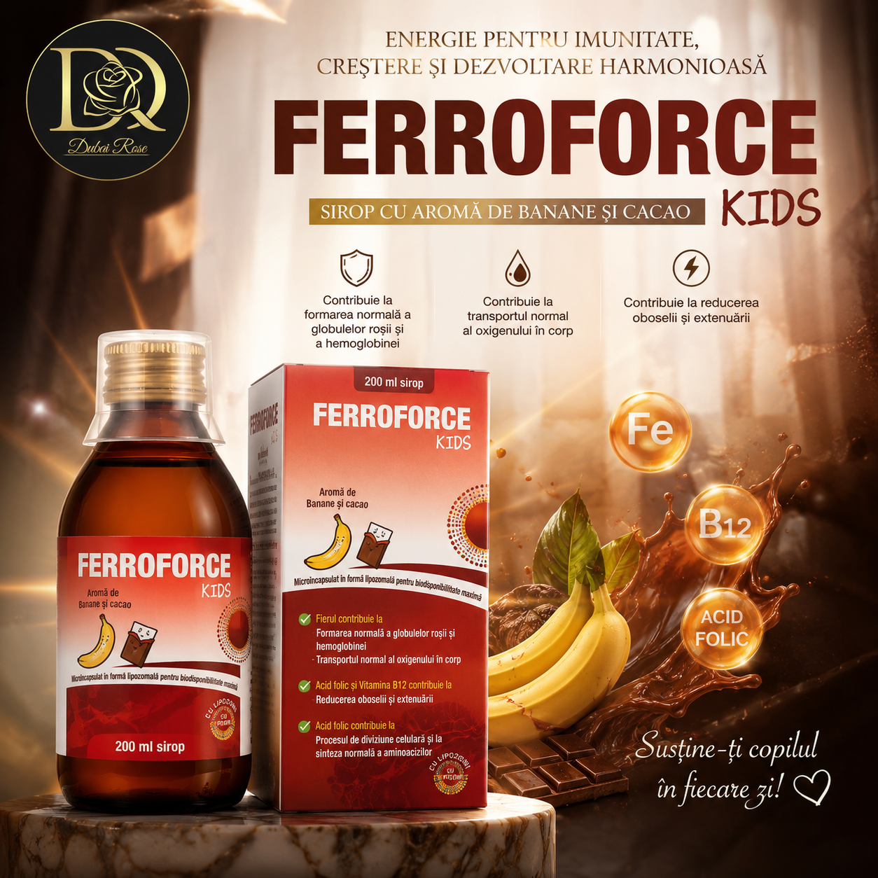FERROFORCE KIDS Sirop Lipozomal cu Fier 200 ml cu Aromă de Banană și Cacao (Fier, Acid Folic și Vitamina B12)