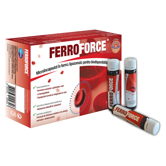 Ferroforce Fiole Buvabile, Fier 40 mg microincapsulat, vitamina B12 infroma Lipozoma si Acid Folic