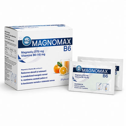MAGNOMAX B6 Supliment alimentar, Magneziu 375 mg + Vitamina B6 10 mg, Aroma de portocale, 20 plicuri