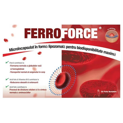 Ferroforce Fiole Buvabile, Fier 40 mg microincapsulat, vitamina B12 infroma Lipozoma si Acid Folic