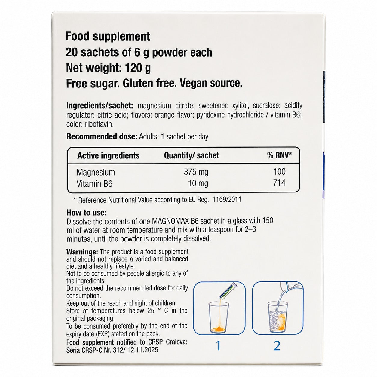 MAGNOMAX B6 Supliment alimentar, Magneziu 375 mg + Vitamina B6 10 mg, Aroma de portocale, 20 plicuri