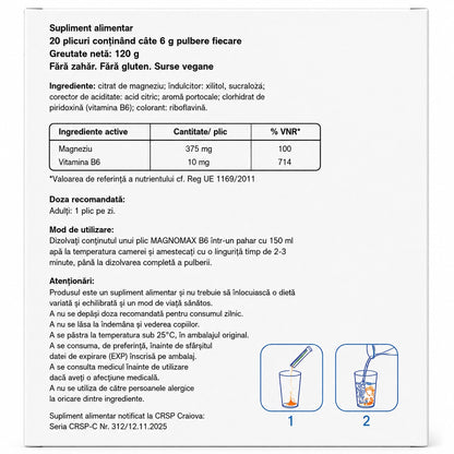 MAGNOMAX B6 Supliment alimentar, Magneziu 375 mg + Vitamina B6 10 mg, Aroma de portocale, 20 plicuri