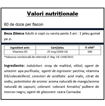 YUMMEE KIDDY Vitamina D3 1000 UI, 60 jeleuri gumate, aromă naturală de mango și căpșuni, fără zahăr