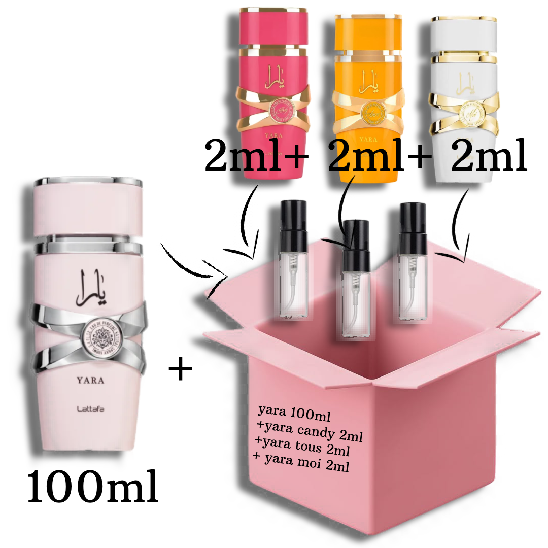Lattafa Yara 100ml EDP + Mostre de 2ml din (Yara Candy+Yara Tous+Yara Moi)